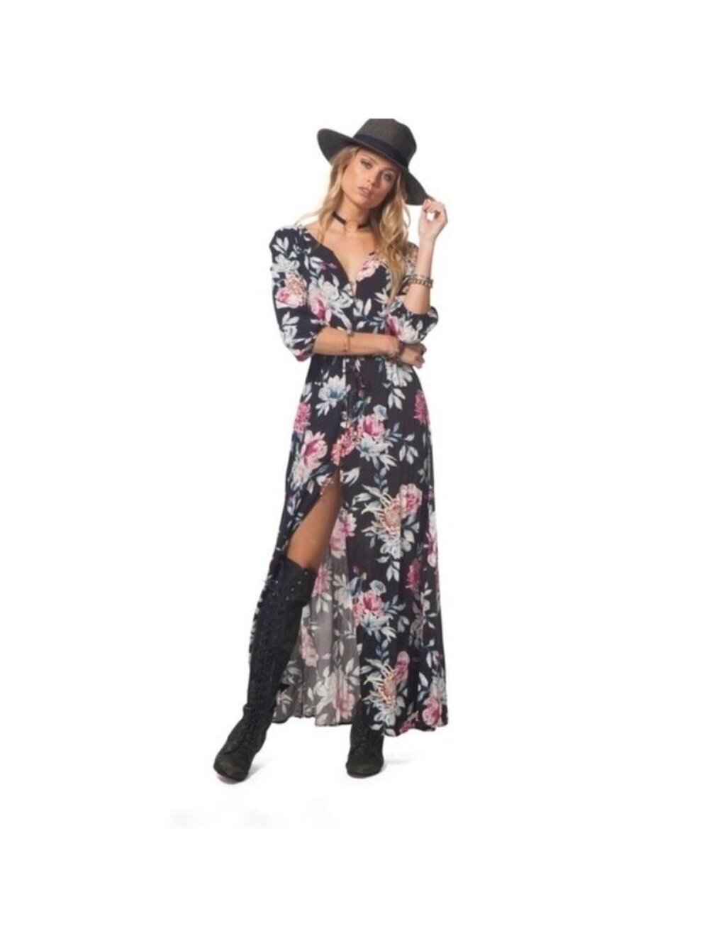 Rip Curl Floral Print Maxi Dress Button Front Side Slits Size L Beach Festival